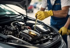 Mechanic changing engine oil in a car during routine maintenance